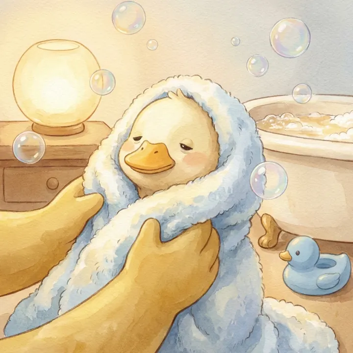 A sleepy duckling wrapped in a soft towel after bath time