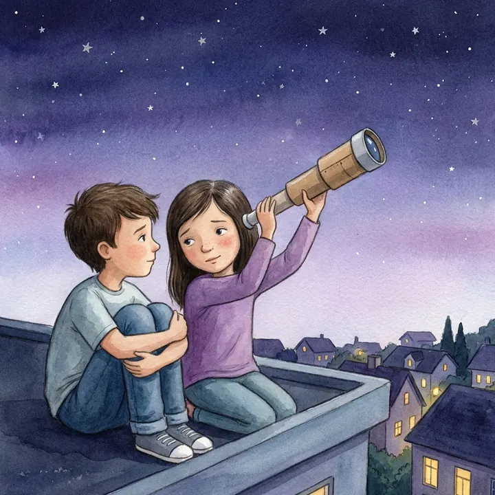 Two pre-teens on a rooftop at night with a homemade telescope