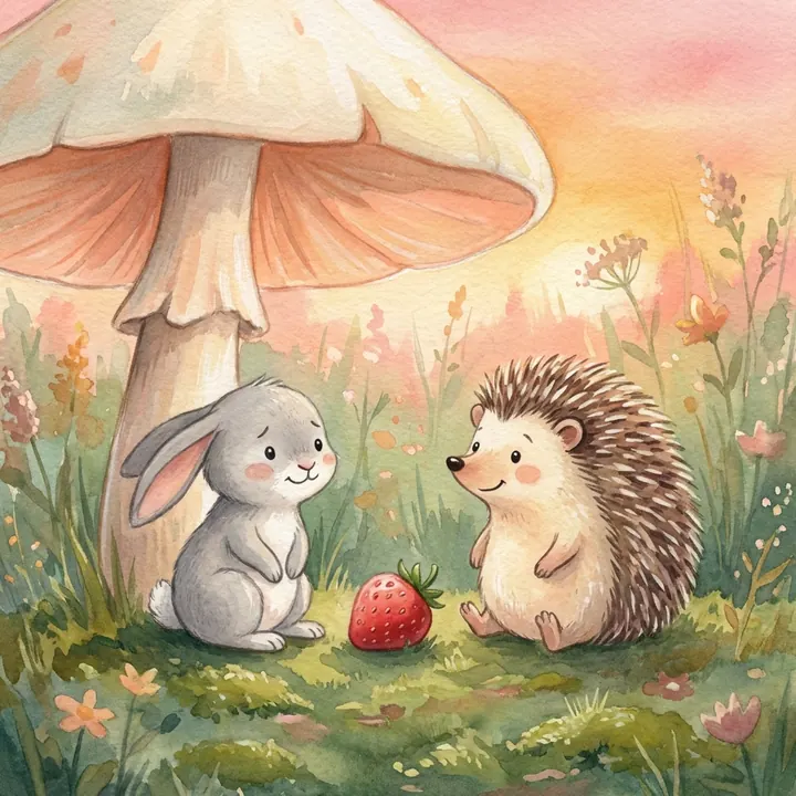 A shy bunny meeting a friendly hedgehog under a mushroom