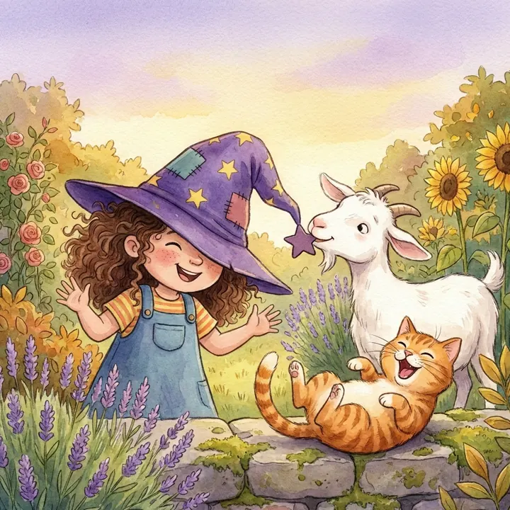 A laughing girl whose wizard hat has slipped over her eyes while a goat nibbles it