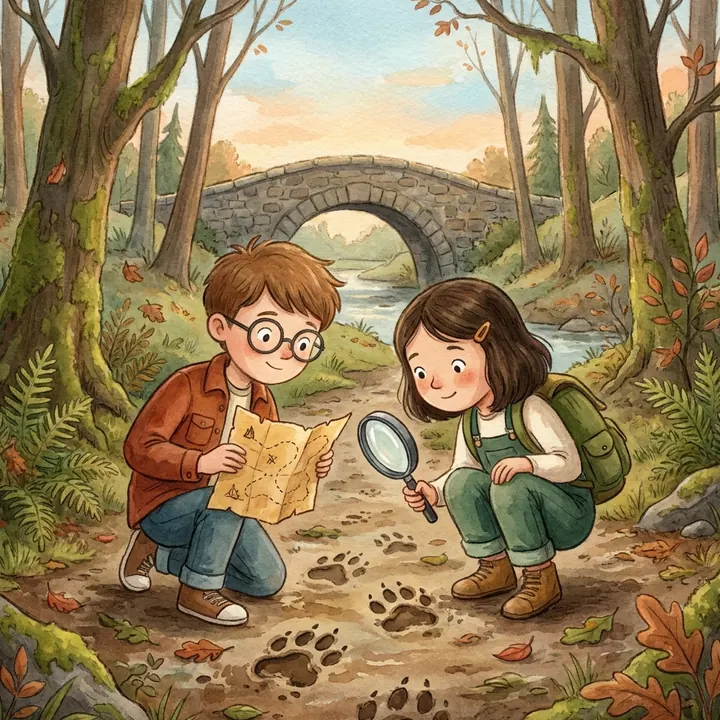 Two children studying footprints on a forest path with a magnifying glass and a map