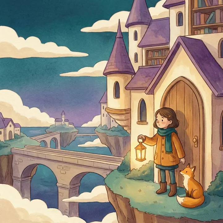 A girl with a lantern and a fox at the door of a library on a floating island